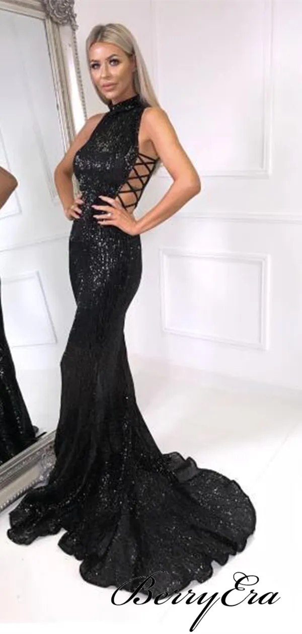 Black Sexy Shiny Sequins Mermaid Long Prom Dresses 2019