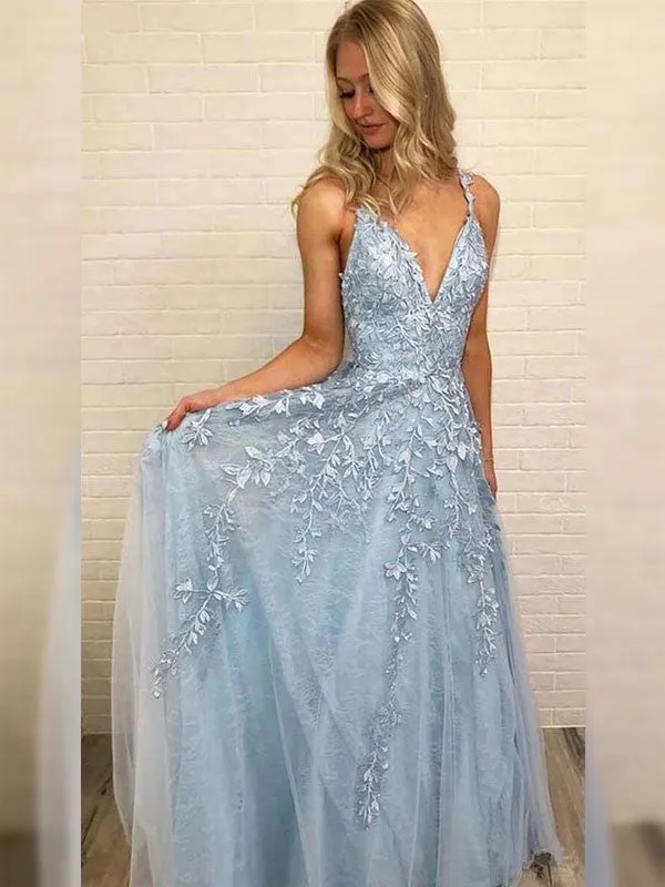 Blue Lace A-Line V Neck Tulle Prom Dress, PD2306261