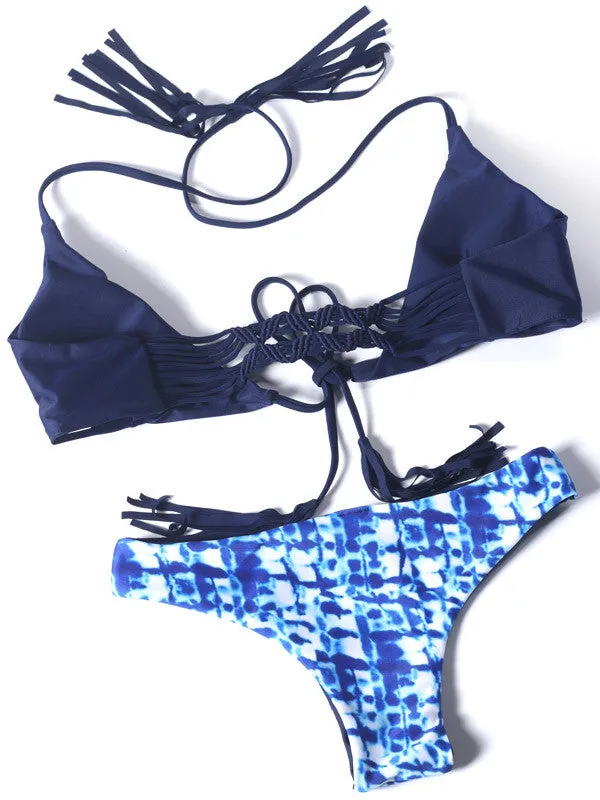 Blue Weave Halter Bikini Sets