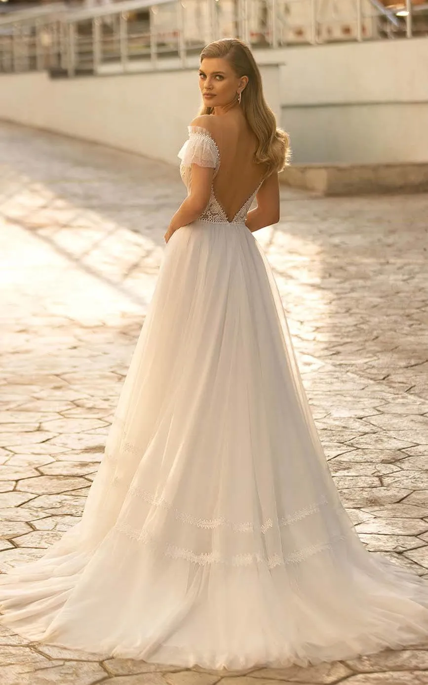 Bohemian A Line Lace V-neck Court Train Wedding Dress with Appliques-716083