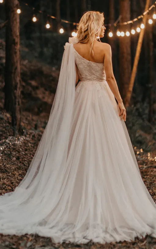 Bohemian A-Line Tulle Wedding Dress With One-shoulder Neckline And Zipper Back-716438