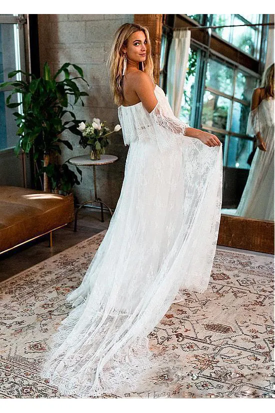 Boho Off-The-Shoulder Lace Wedding Dress With Court Train-715634