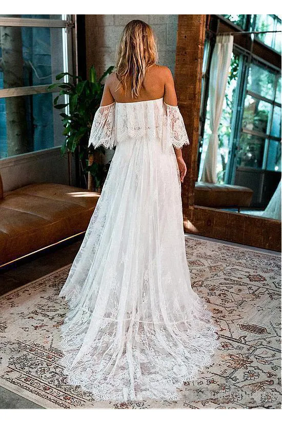 Boho Off-The-Shoulder Lace Wedding Dress With Court Train-715634