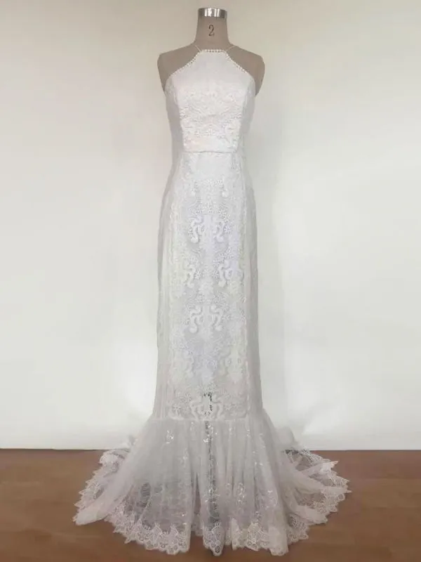 Boho Wedding Dress 2021 Lace A Line Halter Sleeveless Floor Length Bridal Gown With Train