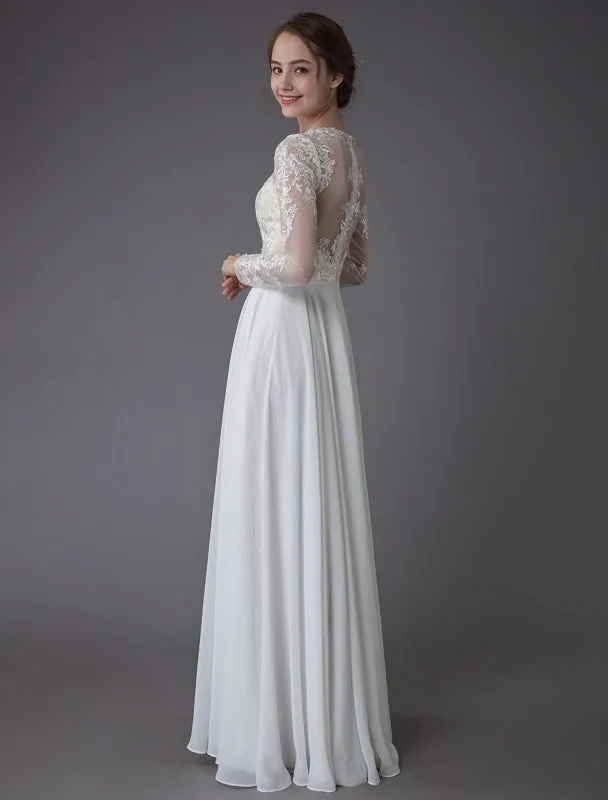 Boho Wedding Dresses Chiffon Jewel Long Sleeve Pleated A Line Beach Bridal Gowns Exclusive