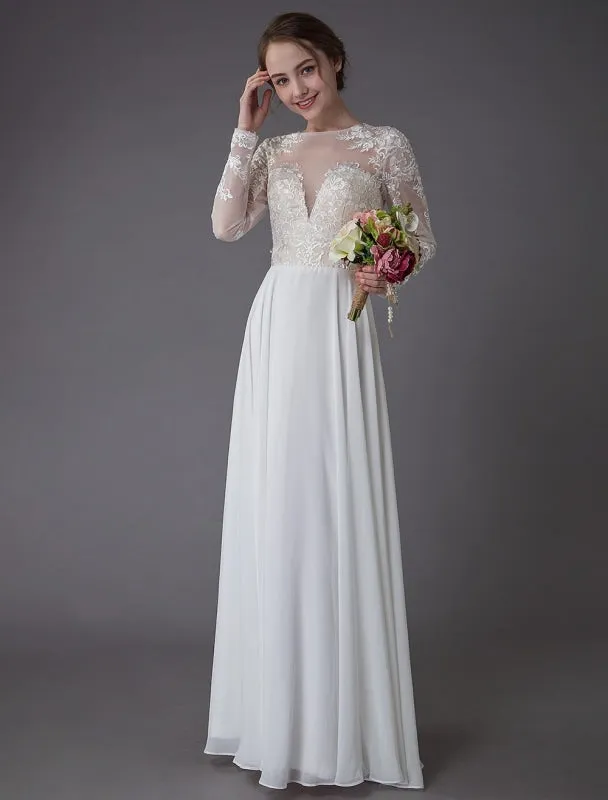 Boho Wedding Dresses Chiffon Jewel Long Sleeve Pleated A Line Beach Bridal Gowns Exclusive