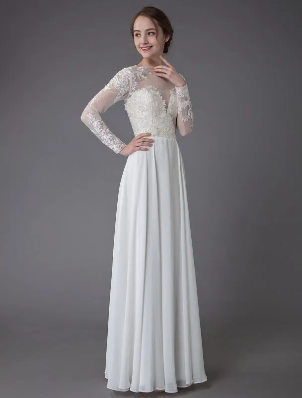 Boho Wedding Dresses Chiffon Jewel Long Sleeve Pleated A Line Beach Bridal Gowns Exclusive