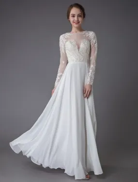 Boho Wedding Dresses Chiffon Jewel Long Sleeve Pleated A Line Beach Bridal Gowns Exclusive