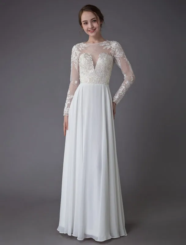 Boho Wedding Dresses Chiffon Jewel Long Sleeve Pleated A Line Beach Bridal Gowns Exclusive