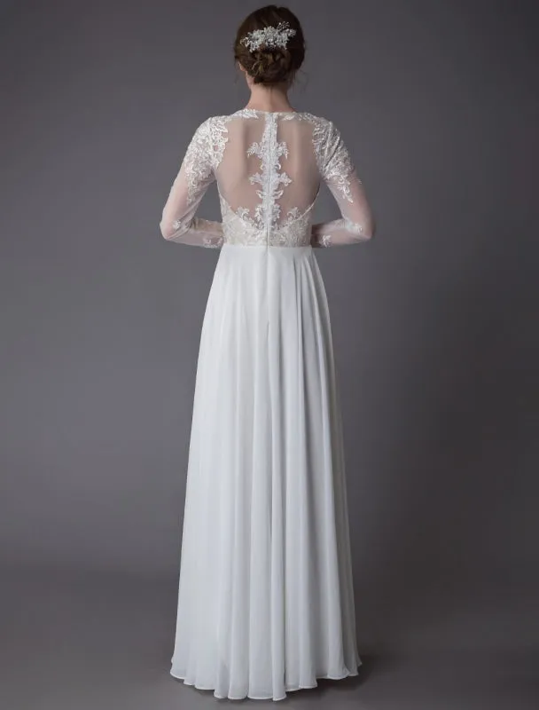 Boho Wedding Dresses Chiffon Jewel Long Sleeve Pleated A Line Beach Bridal Gowns Exclusive