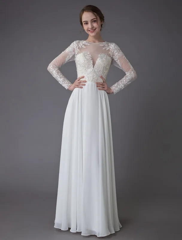 Boho Wedding Dresses Chiffon Jewel Long Sleeve Pleated A Line Beach Bridal Gowns Exclusive