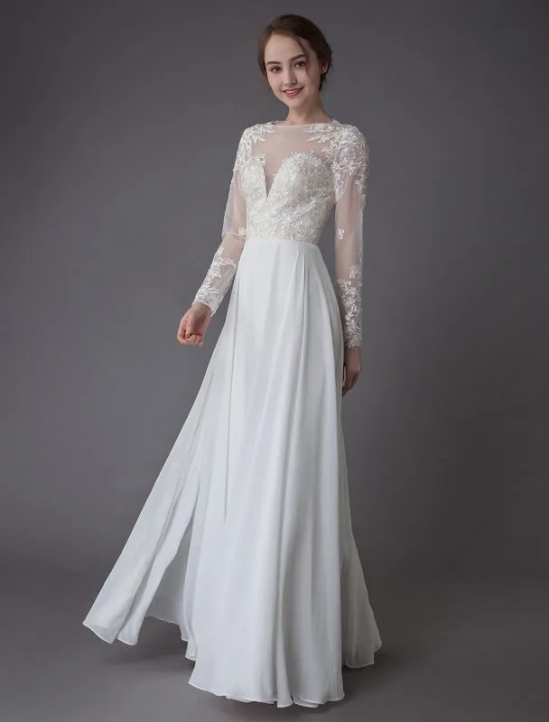 Boho Wedding Dresses Chiffon Jewel Long Sleeve Pleated A Line Beach Bridal Gowns Exclusive