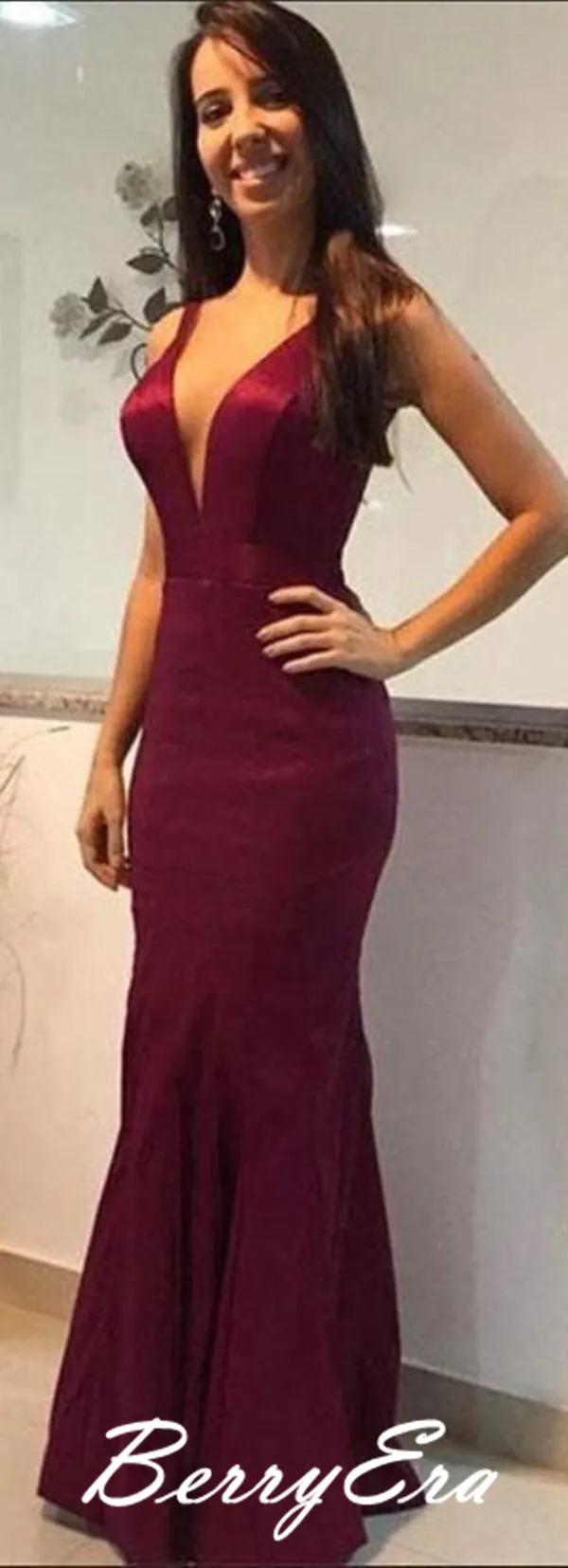 Burgundy Mermaid Prom Dresses, Deep V-neck Prom Dresses, Popular Prom Dresses