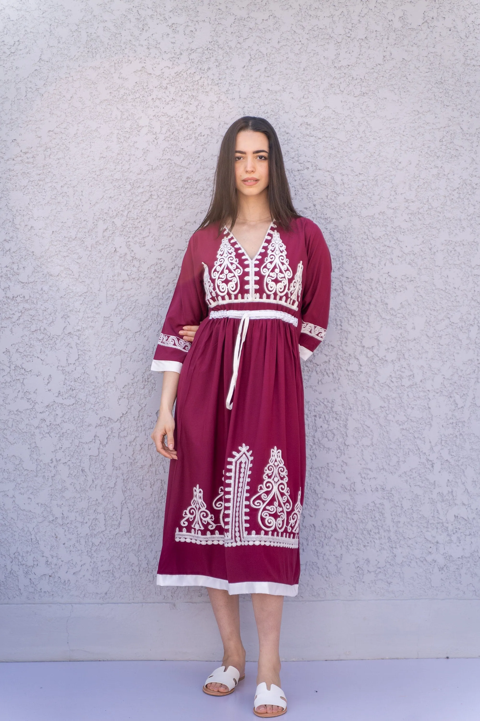 Burgundy Tunic embroidered kaftan, Bohemian embroidery tunic dress, embroidered tunic kaftan, Egyptian cotton. Summer, casual, home dress