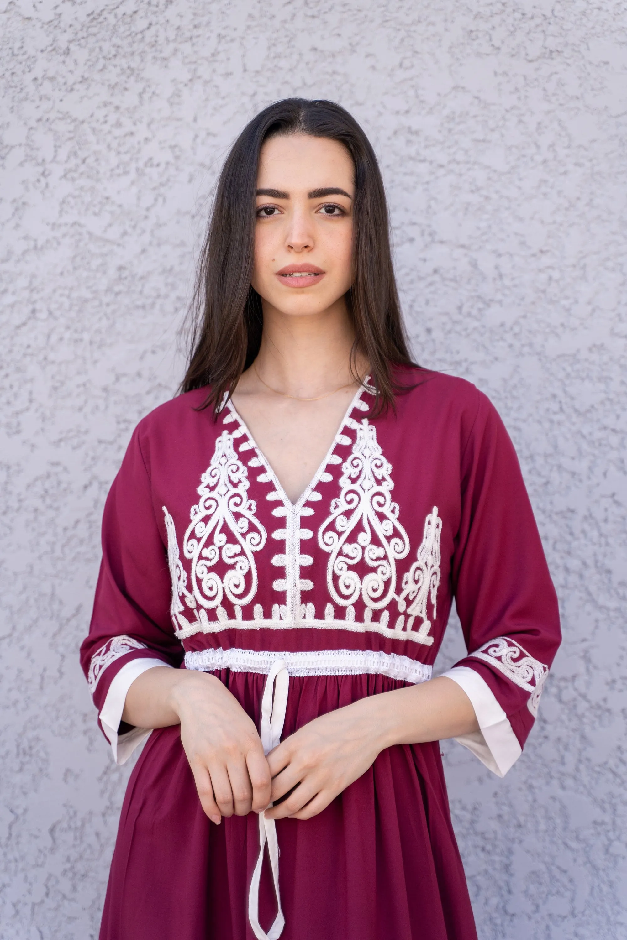 Burgundy Tunic embroidered kaftan, Bohemian embroidery tunic dress, embroidered tunic kaftan, Egyptian cotton. Summer, casual, home dress