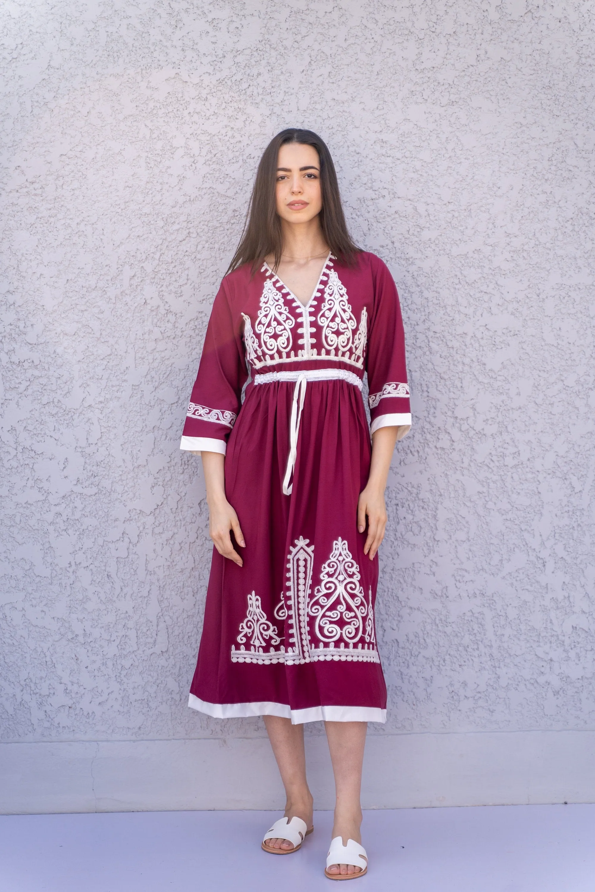 Burgundy Tunic embroidered kaftan, Bohemian embroidery tunic dress, embroidered tunic kaftan, Egyptian cotton. Summer, casual, home dress