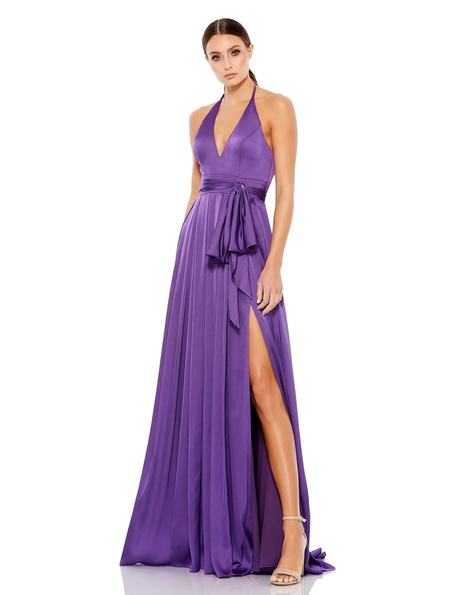 Charmeuse Halter Strap Soft Tie Waist Gown