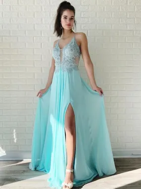 Charming V-neck  Lace Chiffon A-line Side Slit Long Prom Dresses Evening Dresses.DB10604