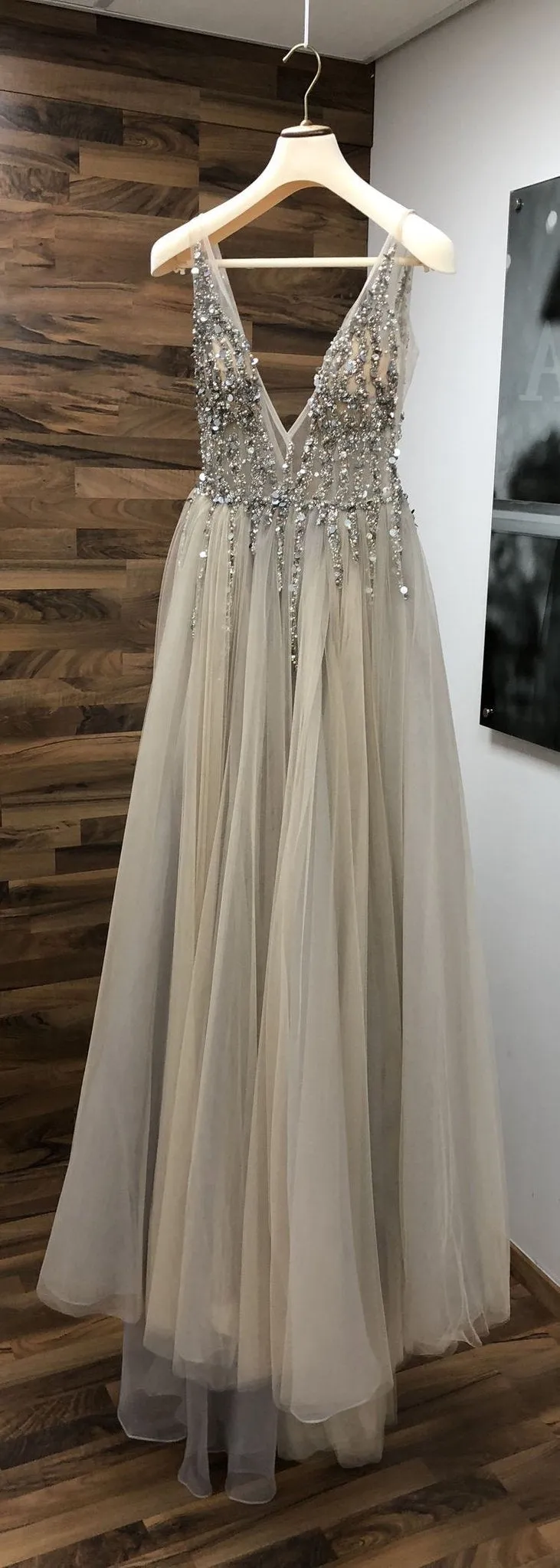 Chic Silver Prom Dress Cheap A Line V Neck Tulle Prom Dress #ER500