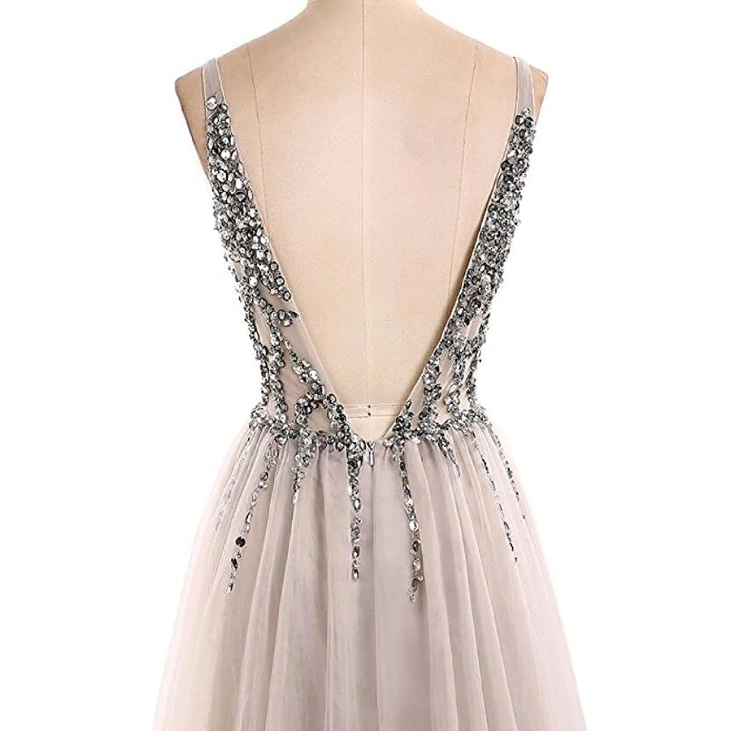 Chic Silver Prom Dress Cheap A Line V Neck Tulle Prom Dress #ER500