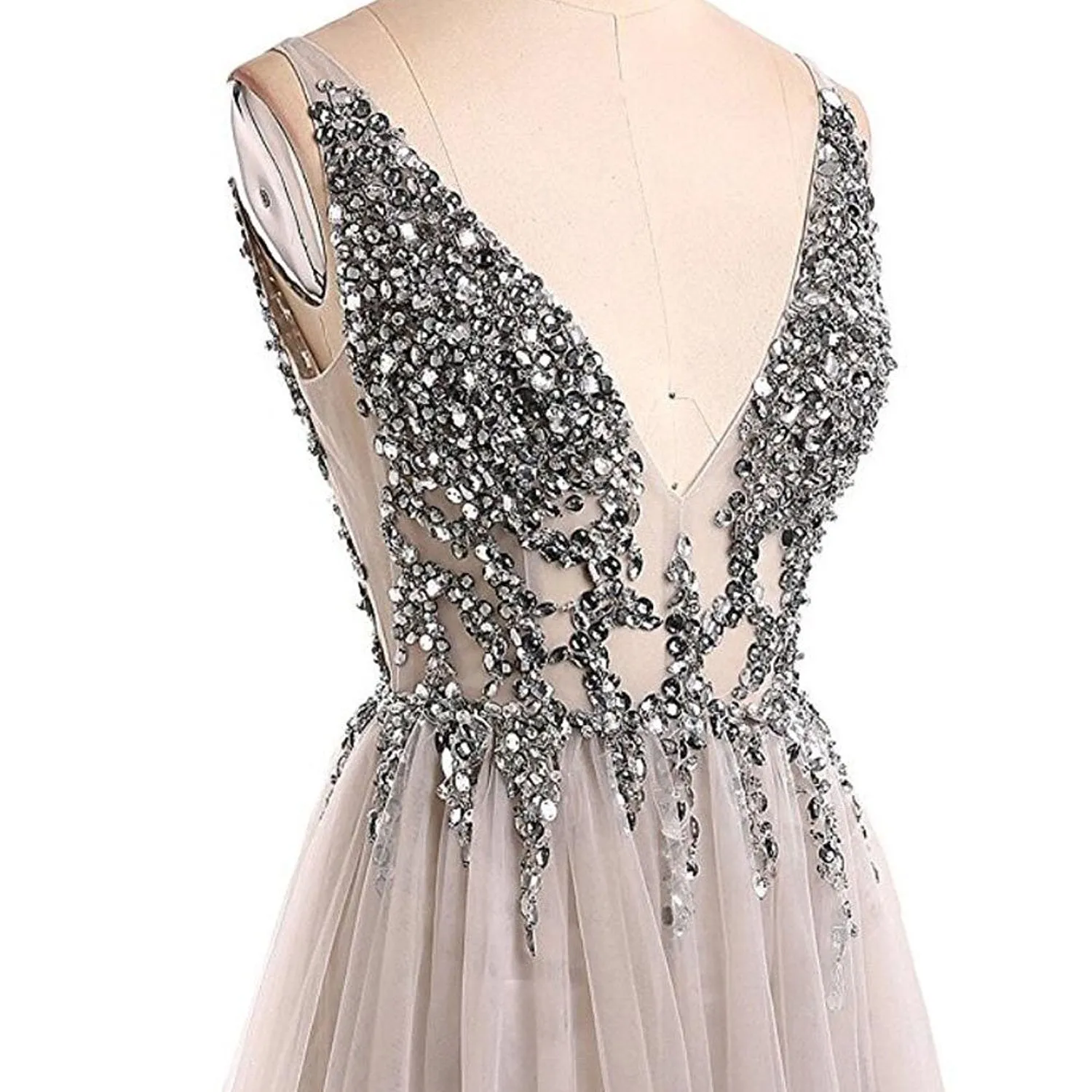 Chic Silver Prom Dress Cheap A Line V Neck Tulle Prom Dress #ER500