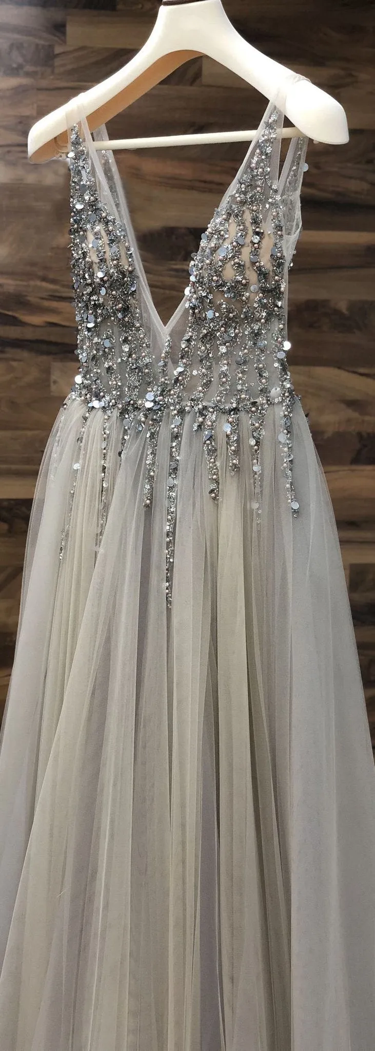 Chic Silver Prom Dress Cheap A Line V Neck Tulle Prom Dress #ER500