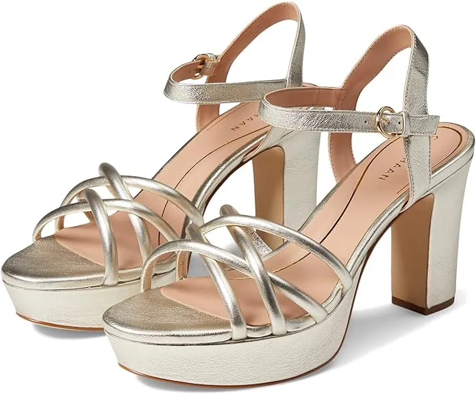 Cole Haan Grove Gold Leather Ankle Strap Strappy Open Toe Block Heeled Sandals