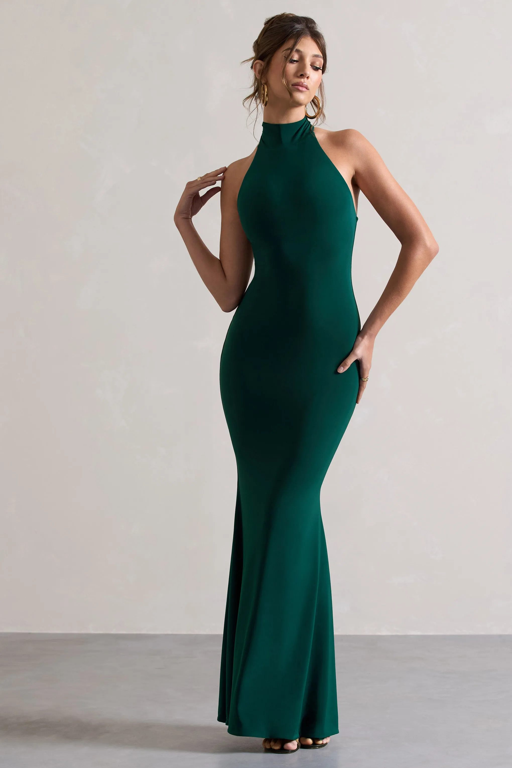 Colorado | Bottle Green High-Neck Fishtail Maxi Dress