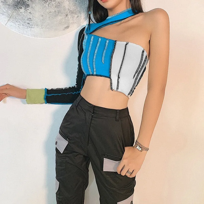 Colourblock One Shoulder Cut Out Top