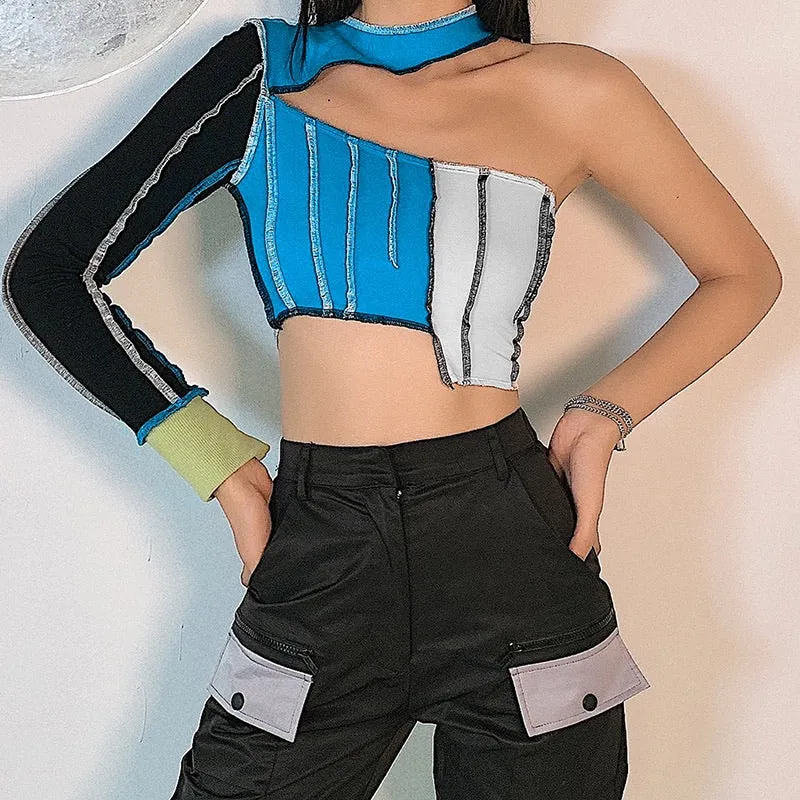 Colourblock One Shoulder Cut Out Top