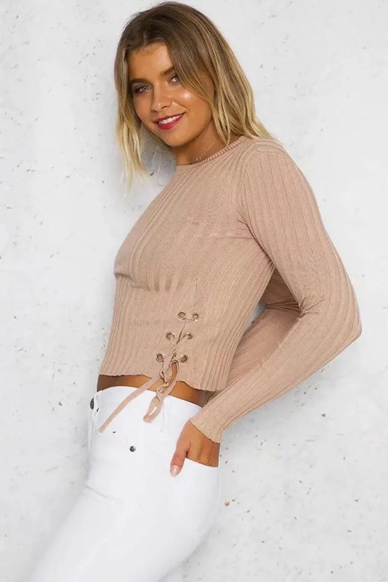 CROPPED LACE-UP ONE SHOULDER, ONE SIDE SWEATER