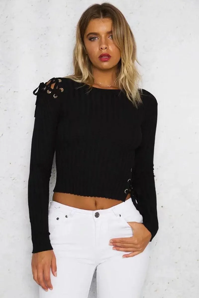 CROPPED LACE-UP ONE SHOULDER, ONE SIDE SWEATER