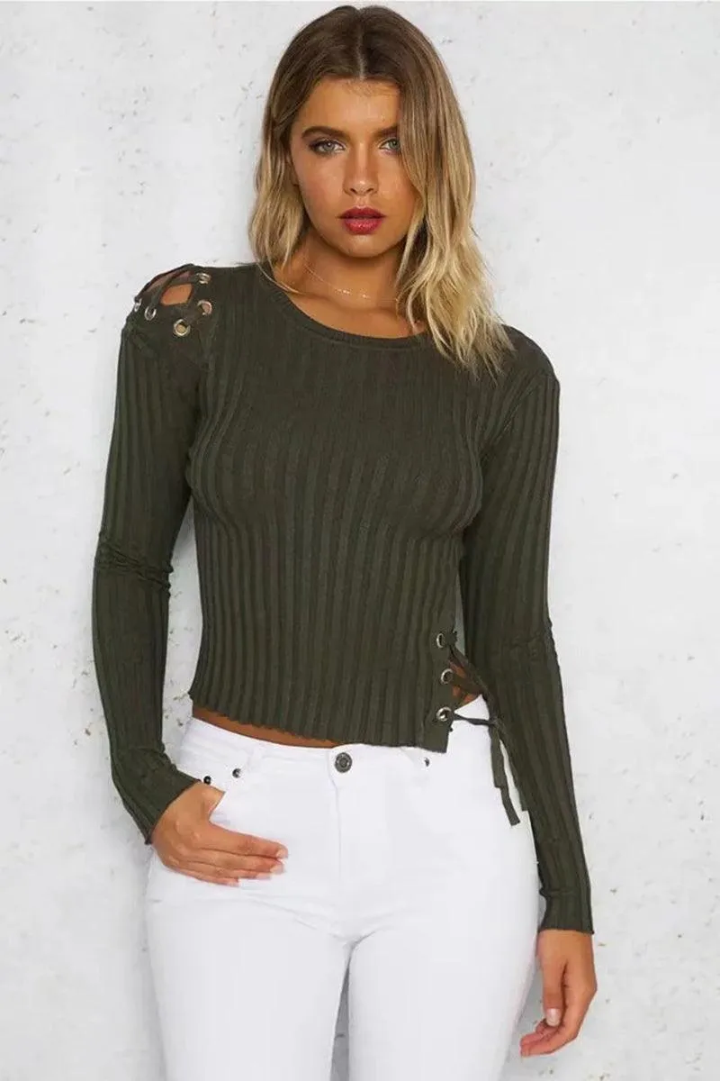 CROPPED LACE-UP ONE SHOULDER, ONE SIDE SWEATER