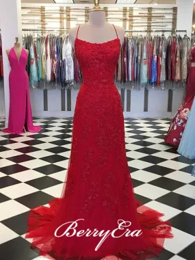 Cross Back Red Lace Long Prom Dresses, Popular Prom Dresses