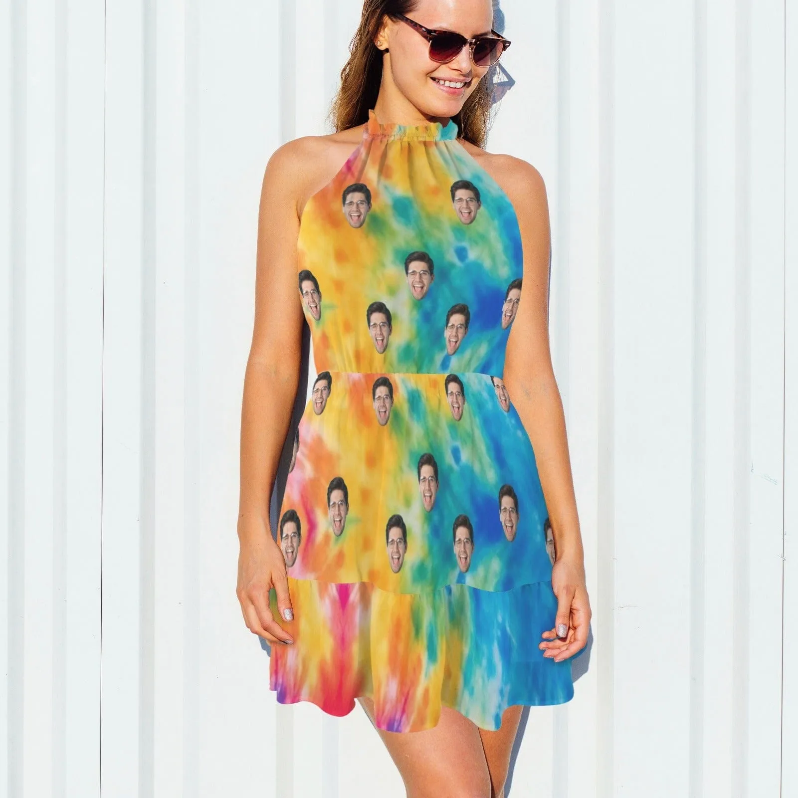 Custom Face Tie Dye Women's High Neck Sleeveless Off-shoulder Casual Dress