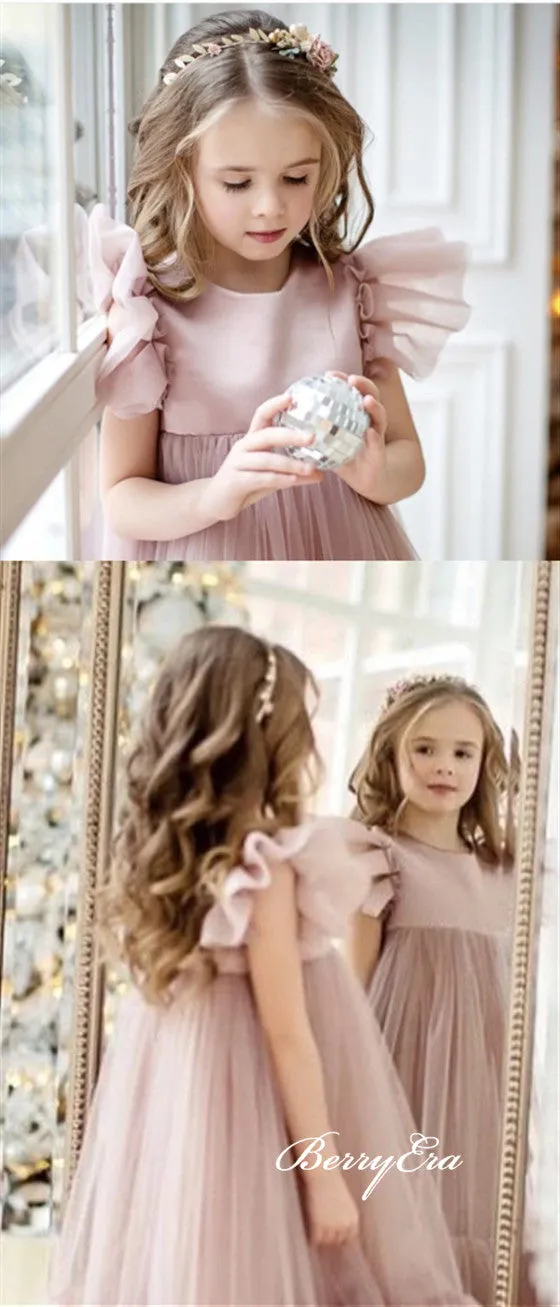 Cute Cap Sleeves Blush Tulle Lovely Flower Girl Dresses