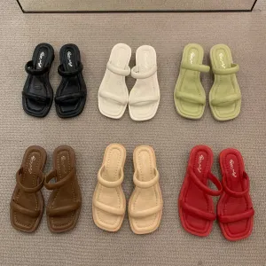 DEANWANGKT  2022 Summer New Korean Style Fashion Open Toe One-Word with Chunky Heel Bread Slippers Women's Outer Wear Temperament Low Heel Slippers