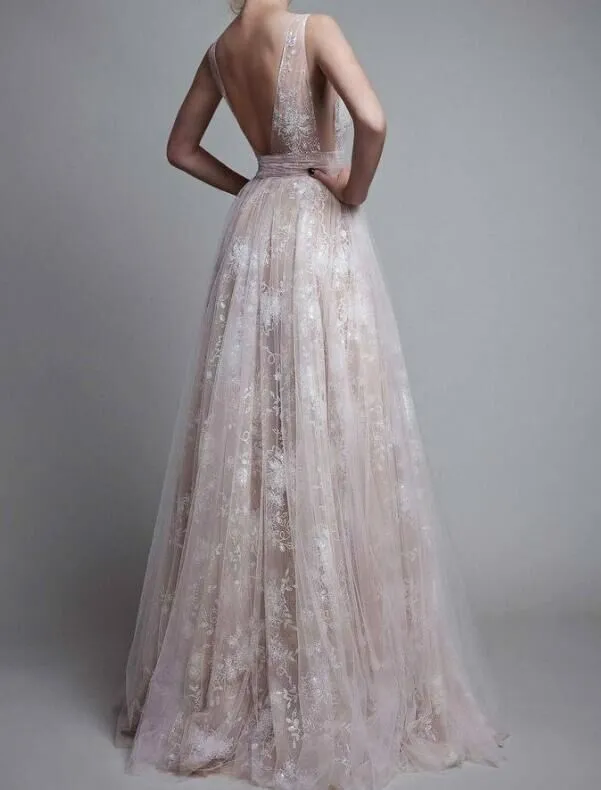 Deep V Neck Tulle Backless Maxi Dress