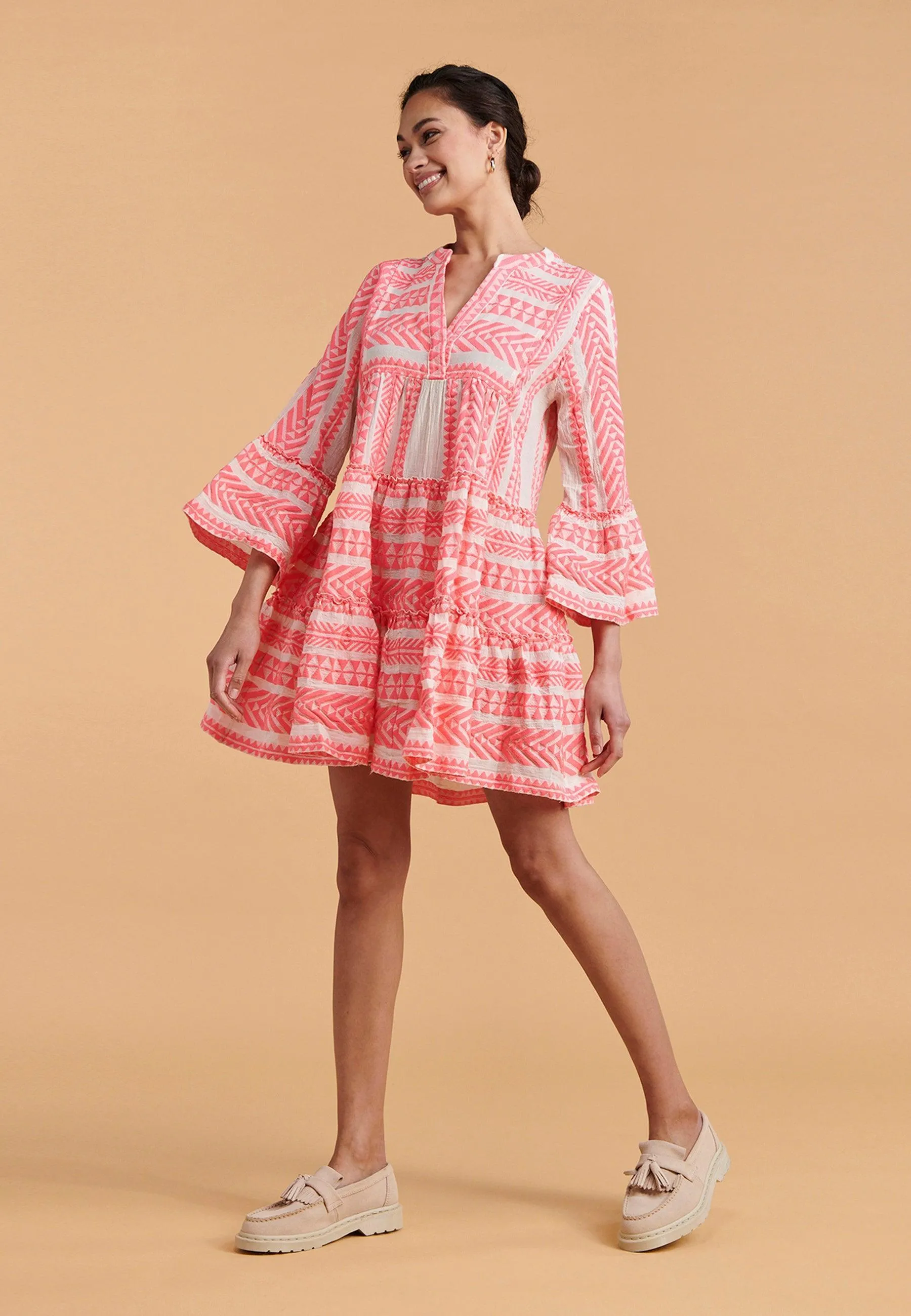 DEVOTION TWINS Ella Mini Dress | NEON PINK on OFF WHITE