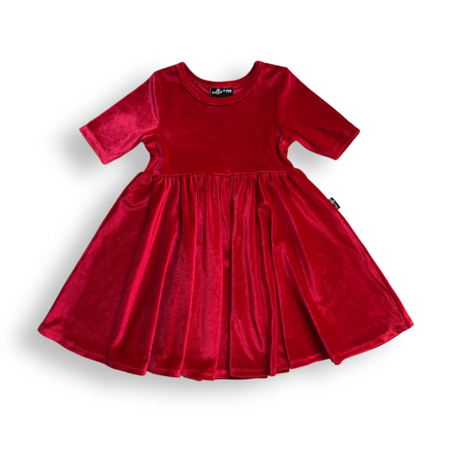 DRESS MID SLEEVE- Ruby Red Stretch Velvet Twirl Dress