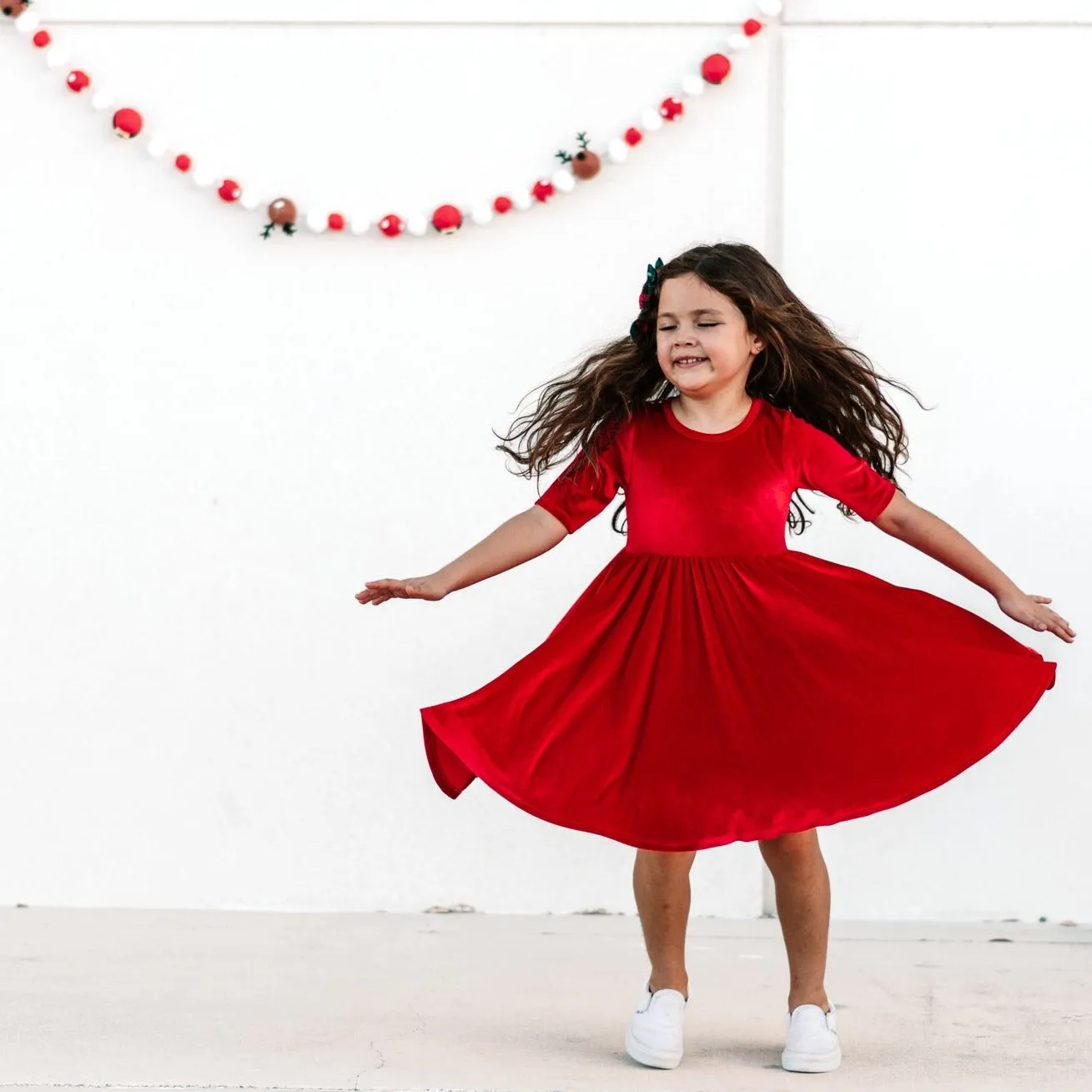 DRESS MID SLEEVE- Ruby Red Stretch Velvet Twirl Dress