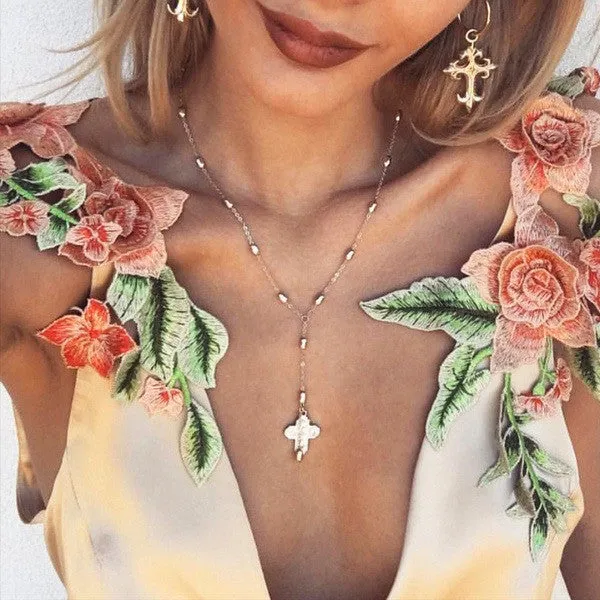 Floral Embroidery Deep V Neck Dress