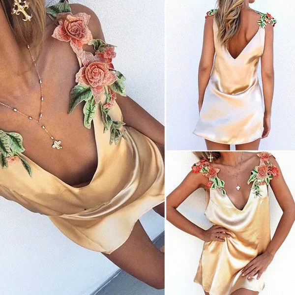 Floral Embroidery Deep V Neck Dress