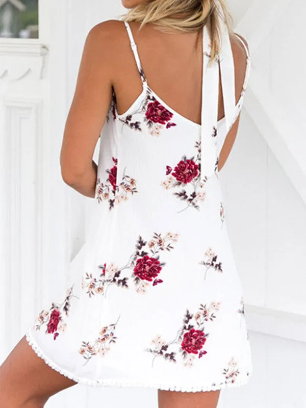 Floral Spaghetti Strap V Neck Mini Beach Dress