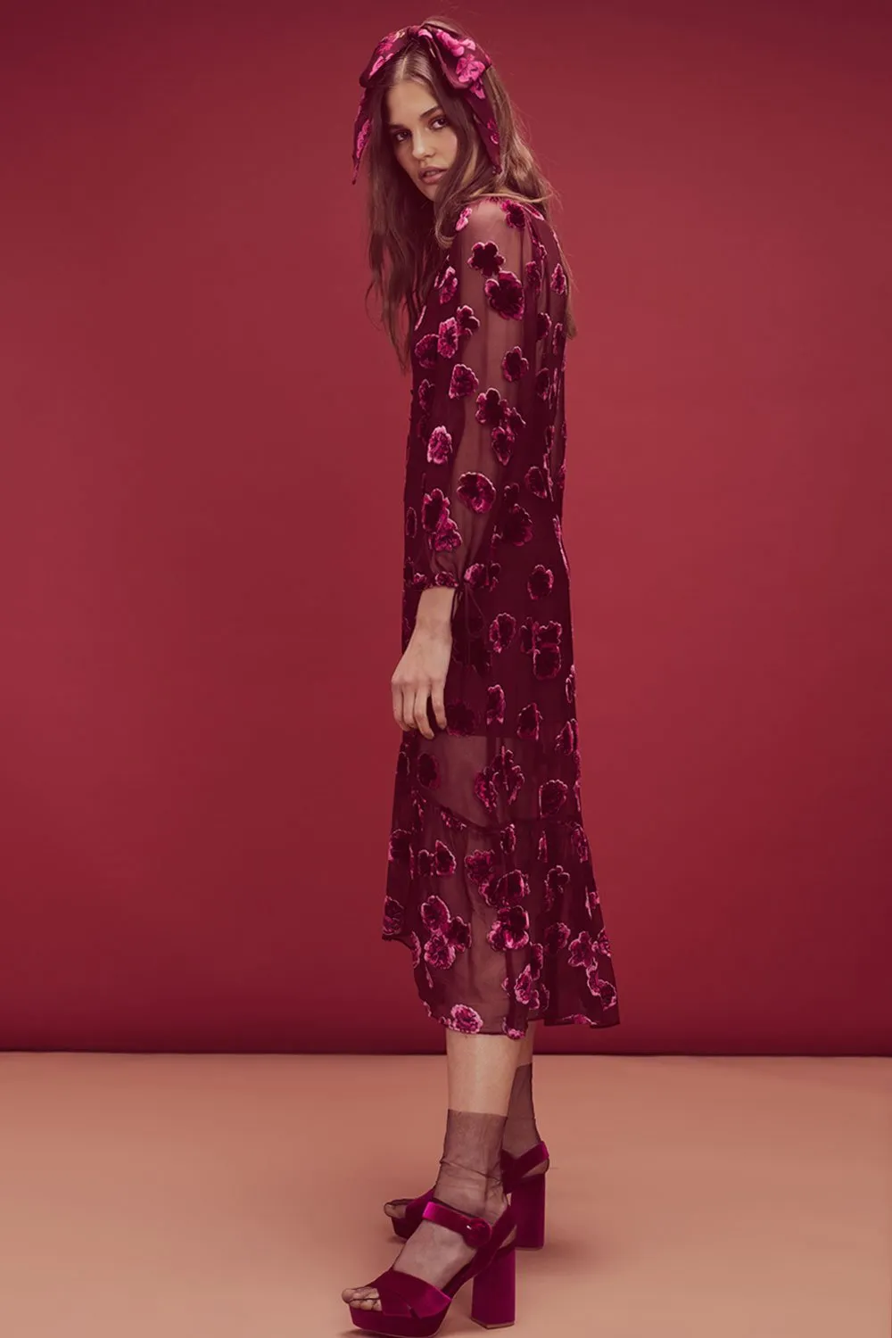 For Love and Lemons Sophie Velvet Floral Midi Dress