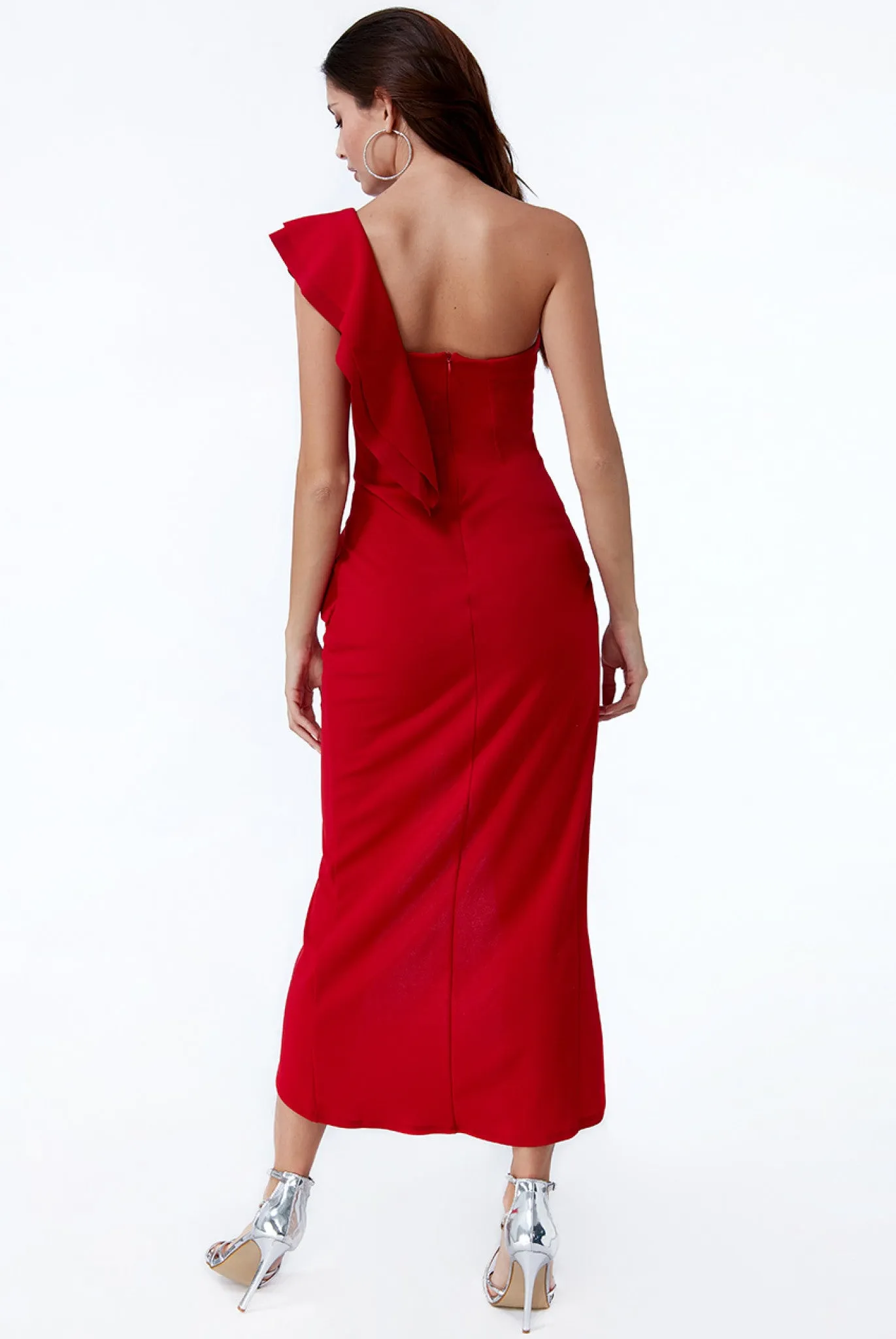 Goddiva One Shoulder Frill Maxi Dress