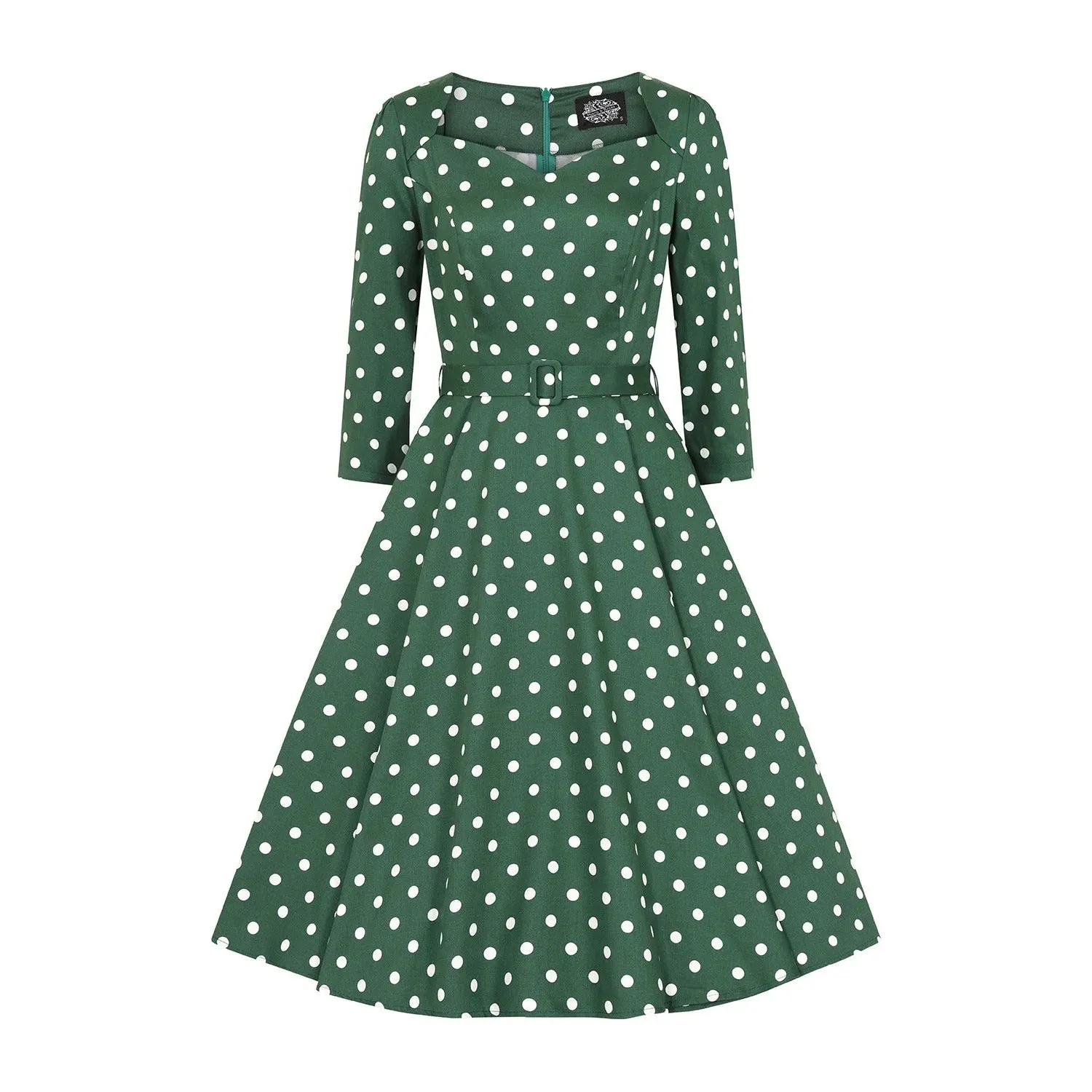 Green And White Polka Dot Vintage 50s 3/4 Sleeve Swing Dress  by