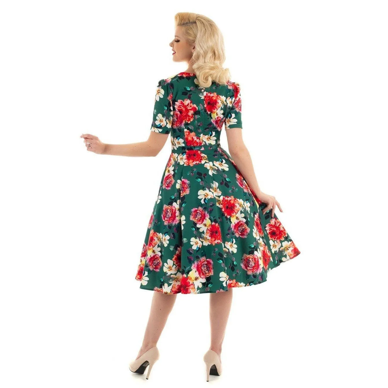 Green Floral Print 1/2 Sleeve Pin Up Rockabilly 50s Swing Dress