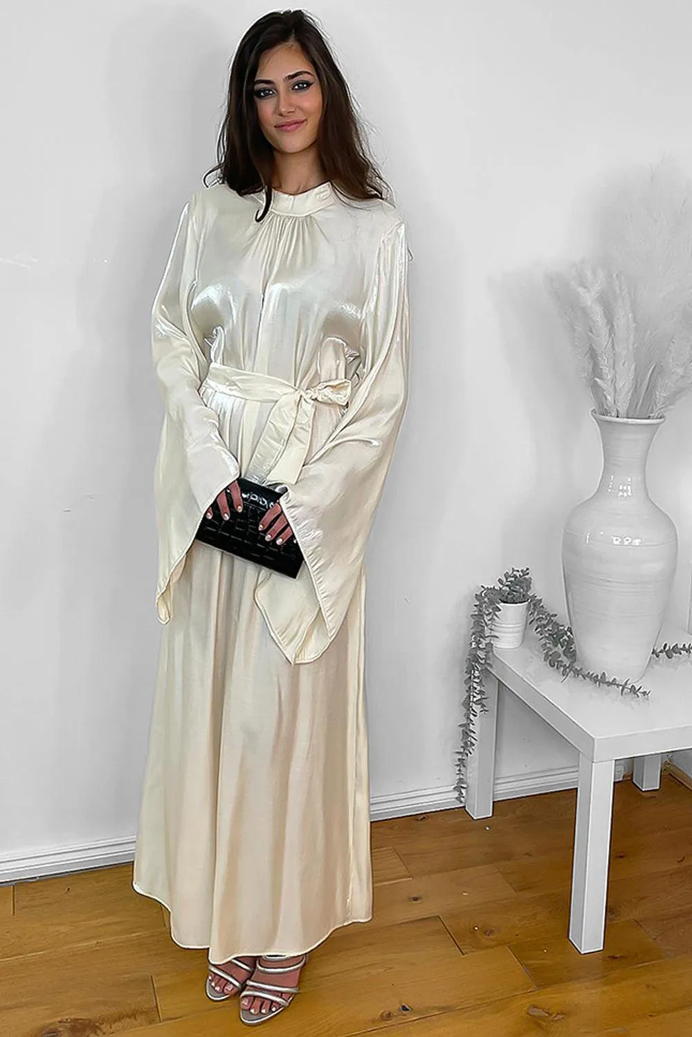 High Neck Wide Sleeves Pleated Satin Modest Dress