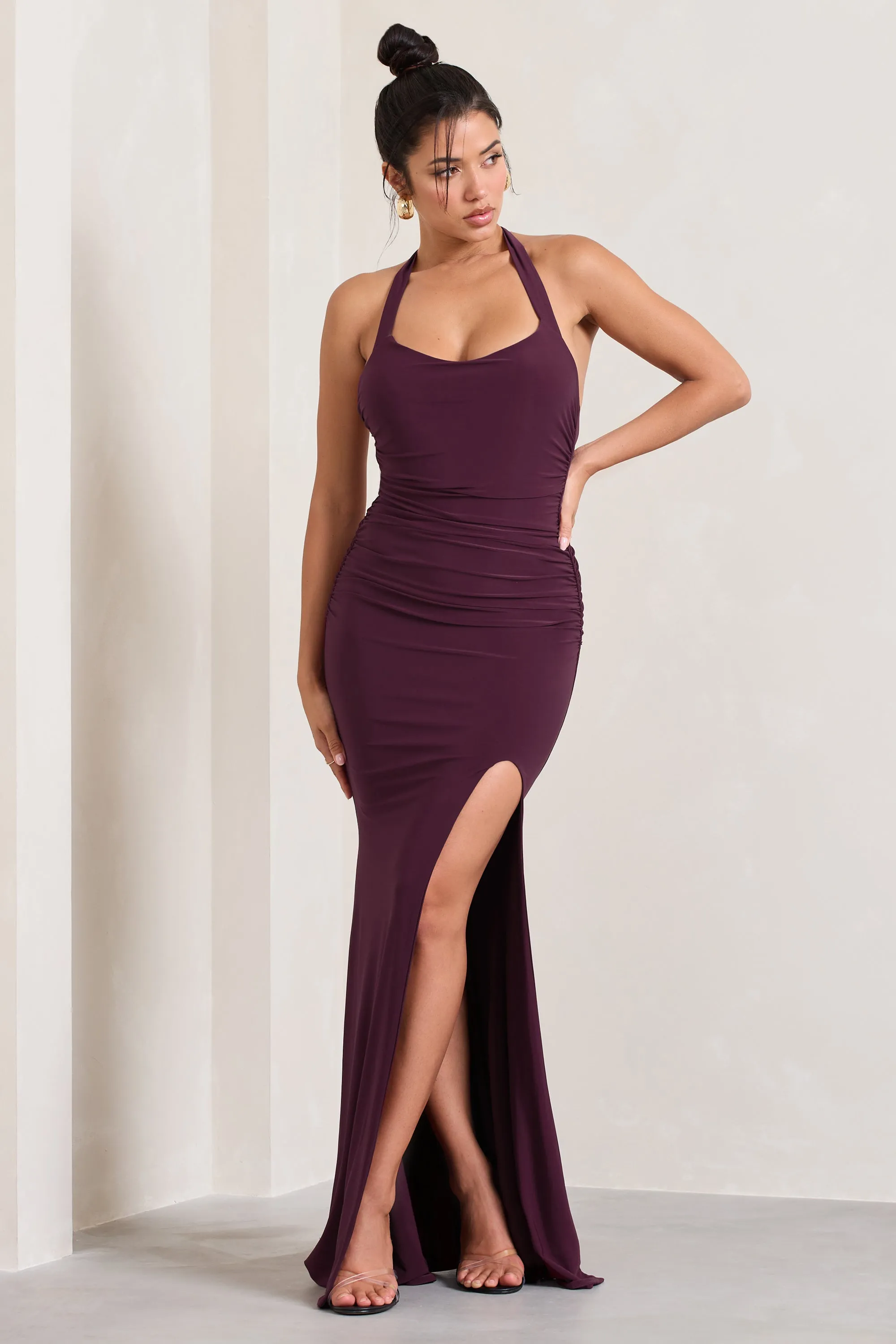 Idol | Burgundy Halter-Neck Split Maxi Dress